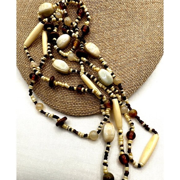 Extra Long Statement Boho Glass Bead Necklace Brown Cream Continuous 46" - Picture 4 of 5